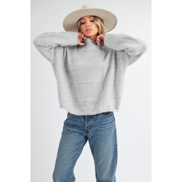 Heather Gray Ryleigh Mock Neck Patchwork Knit Winter Casual Sweater - Picture 3 of 8